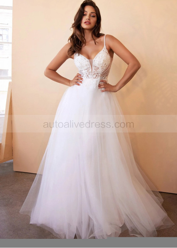 Beaded White Lace Tulle Shimmering Wedding Dress